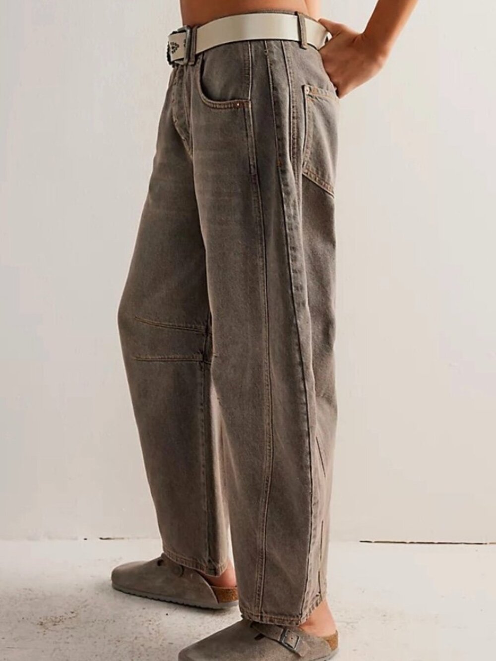 We The Free People Lucky You Mid Rise Barrel Jeans Archive Grey Boho 25 NWT $98 - Picture 4 of 16